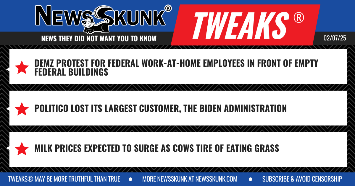 25 02 07 1BD Demz Protest at Empty Buildings; Politico Loses Largest Customer; Cows Tire of Grass