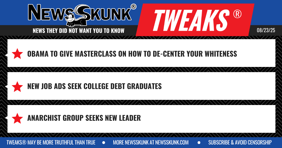 25 08 23 1BD Obama De Whiteness Class; College Debt Graduates Sought; Anarchist Group Seeks New Leader