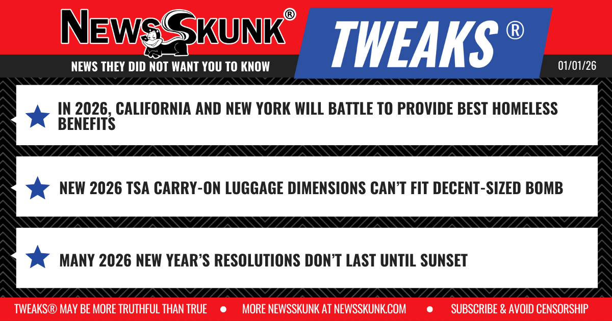 26 01 01 1RD CA and NY Battle to Provide Homeless Benefits; TSA Carry On Dimensions Too Small; 2026 Resolutions Don't Survive Sunset