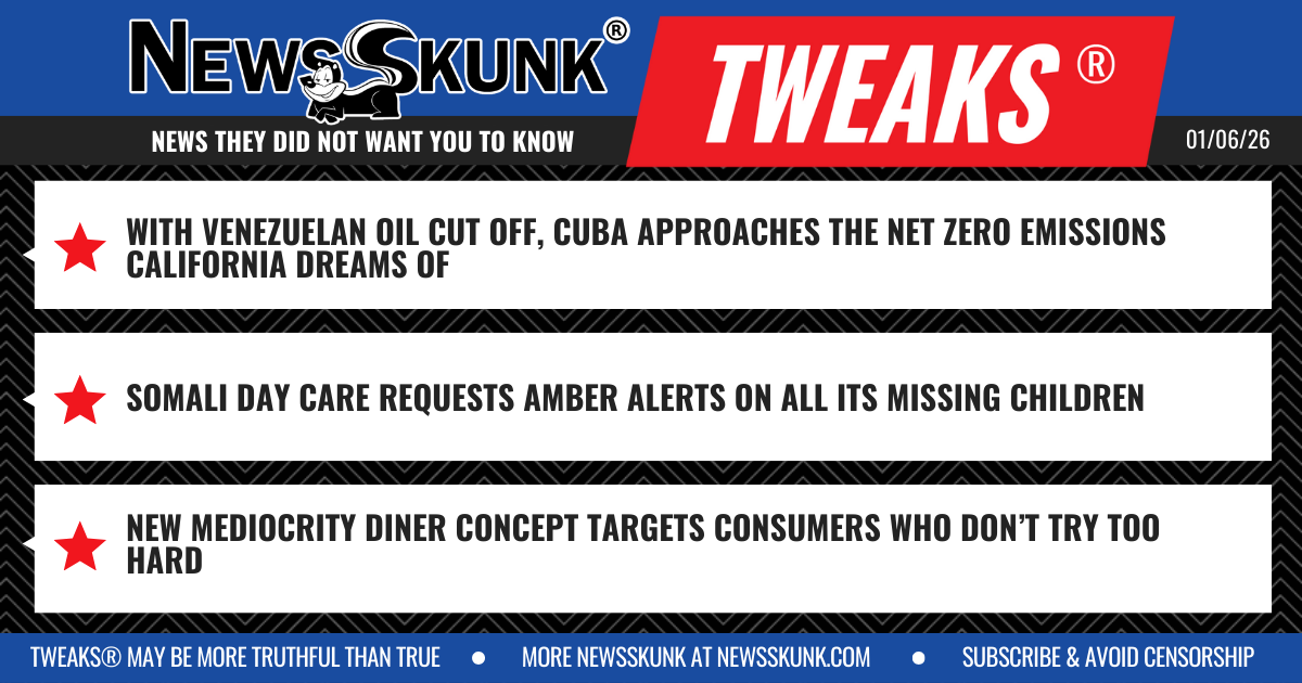 26 01 06 1RD Cuba Approaches Zero Emissions; Amber Alerts on Somali Daycares; Mediocrity Diner