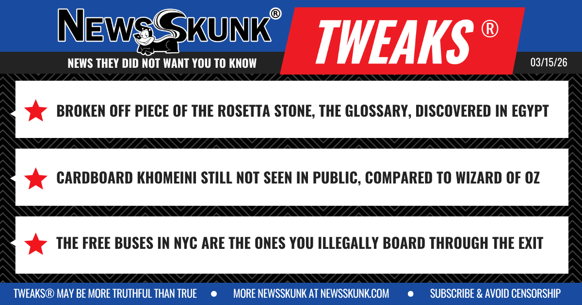 26 03 15 1BD Rosetta Stone Glossary Found; Cardboard Khomeini Like Oz; Free NYC Buses if You Enter Through Exit
