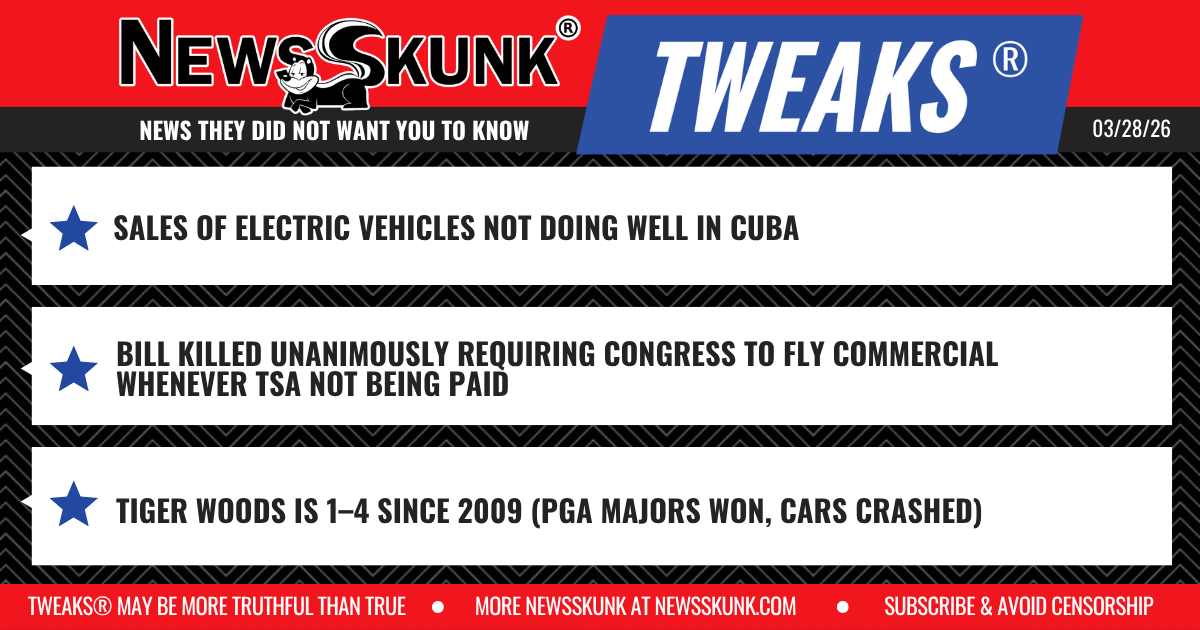 26 03 28 1RD EVs Not Doing Well in Cuba; Bill to Make Congress Fly Commercial Rejected; Tiger Woods One Majors Win, Four Cars Crashed Since 2009