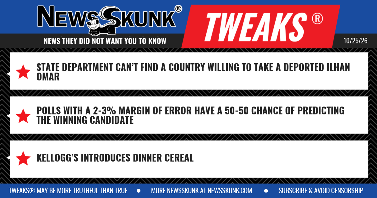 26 10 25 1BD No Country Willing to Take Deported Omar; Polls 50 50 With a 2 to 3 Per Cent Chance of Error; Kellogg's Dinner Cereal